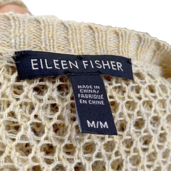 Eileen Fisher Natural Beige Crochet Crew Neck Linen-Wool Sweater Size Medium EUC - Picture 2 of 8